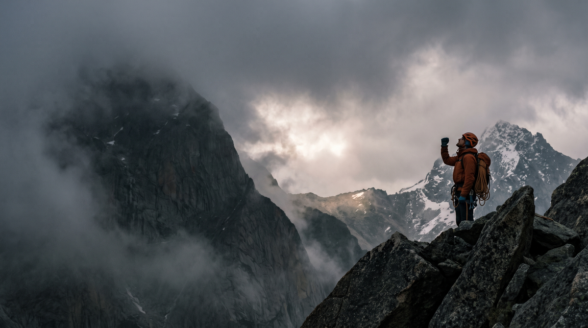 Climber pumping a fist on a rocky Himalayan ridge under stormy clouds