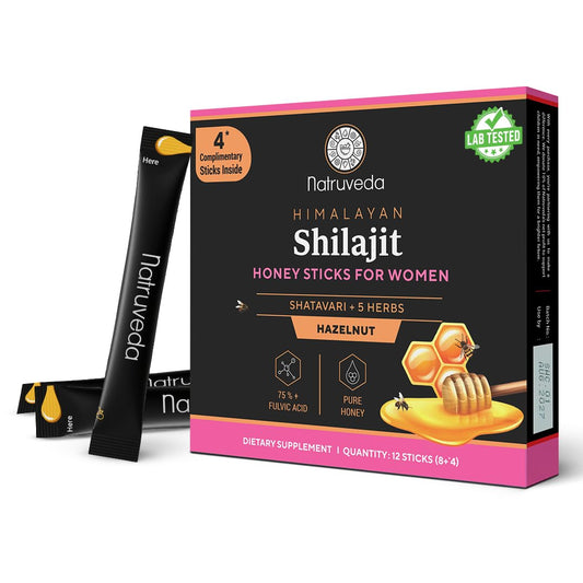 Shilajit Honey Sticks for Women, 12 Sticks – Hazelnut | 300 Mg Himalayan Shilajit Resin + Shatavari & 5 Ayurvedic Herbs | Lab Tested | Energy & Hormonal Balance Support
