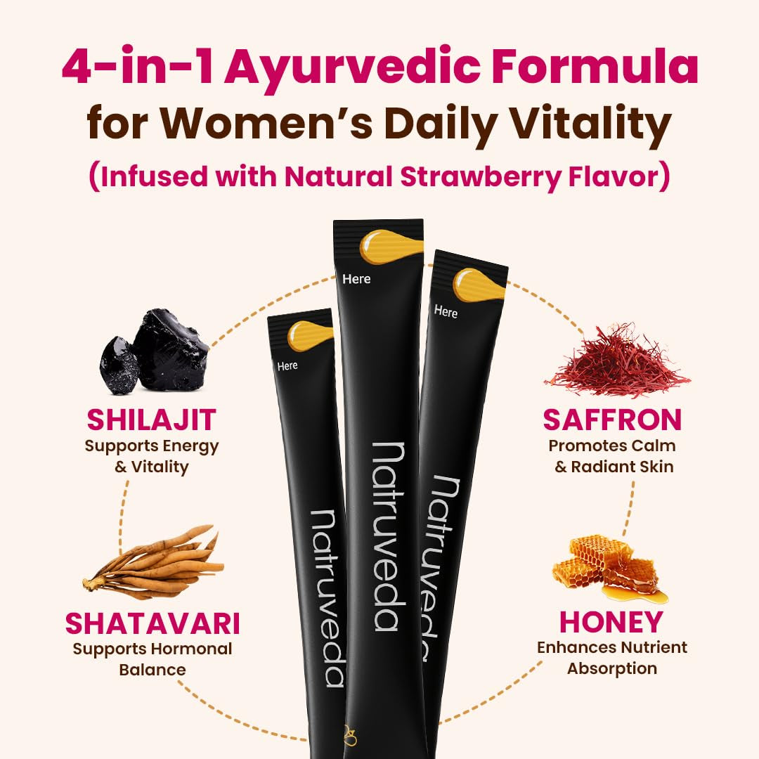 Shilajit Honey Sticks for Women, Shilajitfor Her - Shatavari & Saffron for Hormonal Balance & Energy 12 Sticks – Strawberry | 75%+ Fulvic Acid, 85+ Trace Minerals | Lab Tested