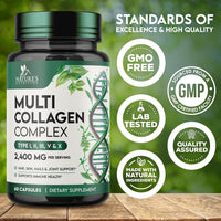 Multi Collagen Pills - Hydrolyzed Collagen Peptides Capsules for Women & Men - Types I, II, III, V, X Multi Collagen Complex - Hair, Skin & Nails Support Supplement - Bottled in the USA - 60 Capsules