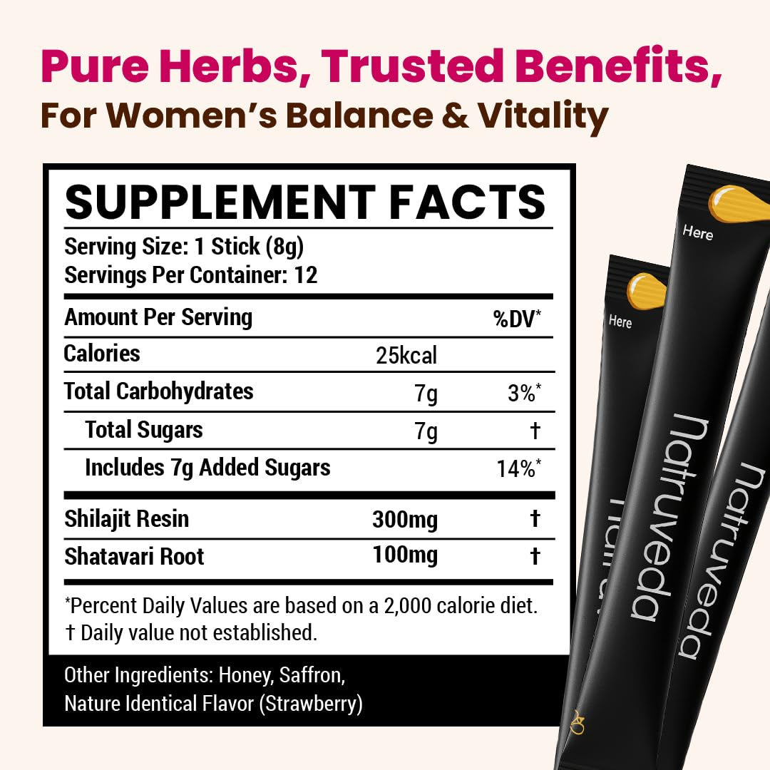 Shilajit Honey Sticks for Women, Shilajitfor Her - Shatavari & Saffron for Hormonal Balance & Energy 12 Sticks – Strawberry | 75%+ Fulvic Acid, 85+ Trace Minerals | Lab Tested