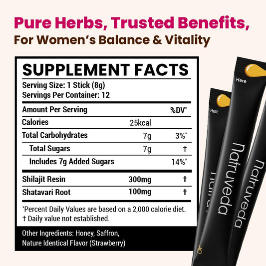 Shilajit Honey Sticks for Women, Shilajitfor Her - Shatavari & Saffron for Hormonal Balance & Energy 12 Sticks – Strawberry | 75%+ Fulvic Acid, 85+ Trace Minerals | Lab Tested