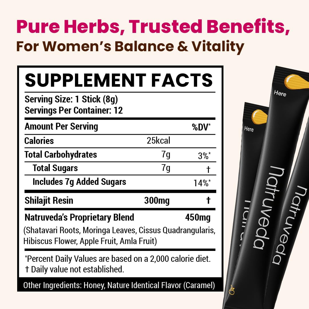 Shilajit Honey Sticks for Women, 12 Sticks – Caramel | 300 Mg Himalayan Shilajit Resin + Shatavari & 5 Ayurvedic Herbs | Lab Tested | Energy & Hormonal Balance Support
