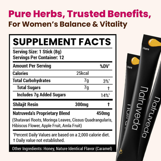 Shilajit Honey Sticks for Women, 12 Sticks – Caramel | 300 Mg Himalayan Shilajit Resin + Shatavari & 5 Ayurvedic Herbs | Lab Tested | Energy & Hormonal Balance Support