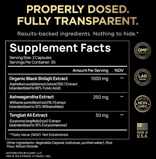 100X Strength Black Shilajit for Men W. 10% Tongkat Ali & Ashwagandha | High Potency Himalayan Shilajit Capsules, Ultra Pure Resin 60% Fulvic Acid - Male Enhancing Supplement Natural Test Booster