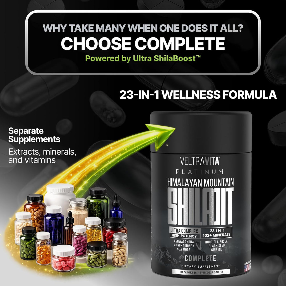 Himalayan Shilajit Gummies, 23-In-1 with Sea Moss, Ashwagandha, Tongkat Ali, Black Seed Oil & Rhodiola Rosea, Lab Tested, 60 Gummies