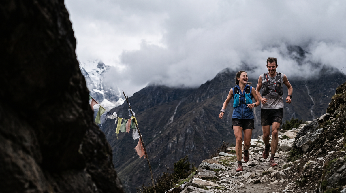 Two trail runners laughing on a rocky Himalayan trail under cloudy skies