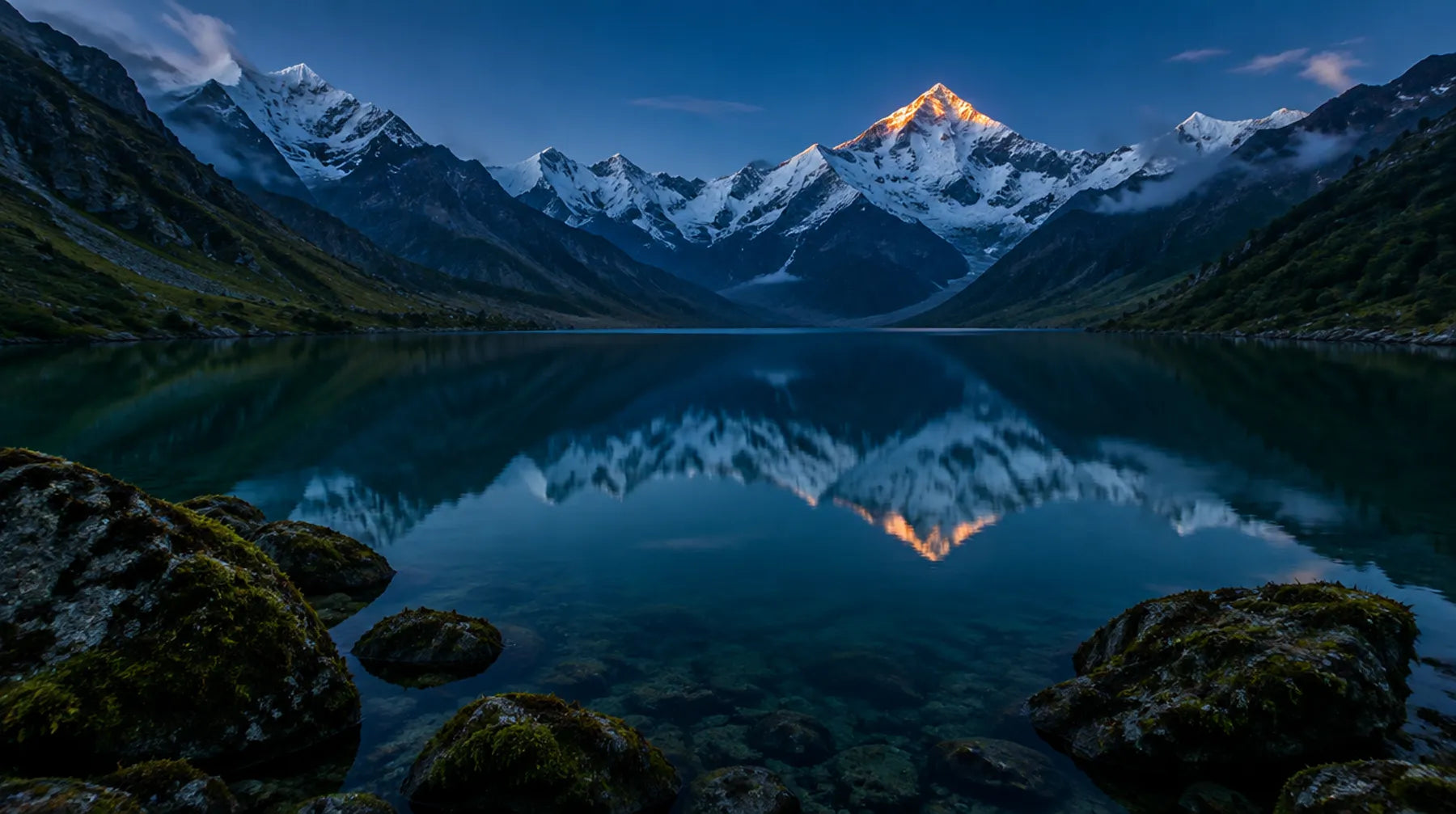 A snow-capped Himalayan peak reflected in a still mountain lake at dusk
