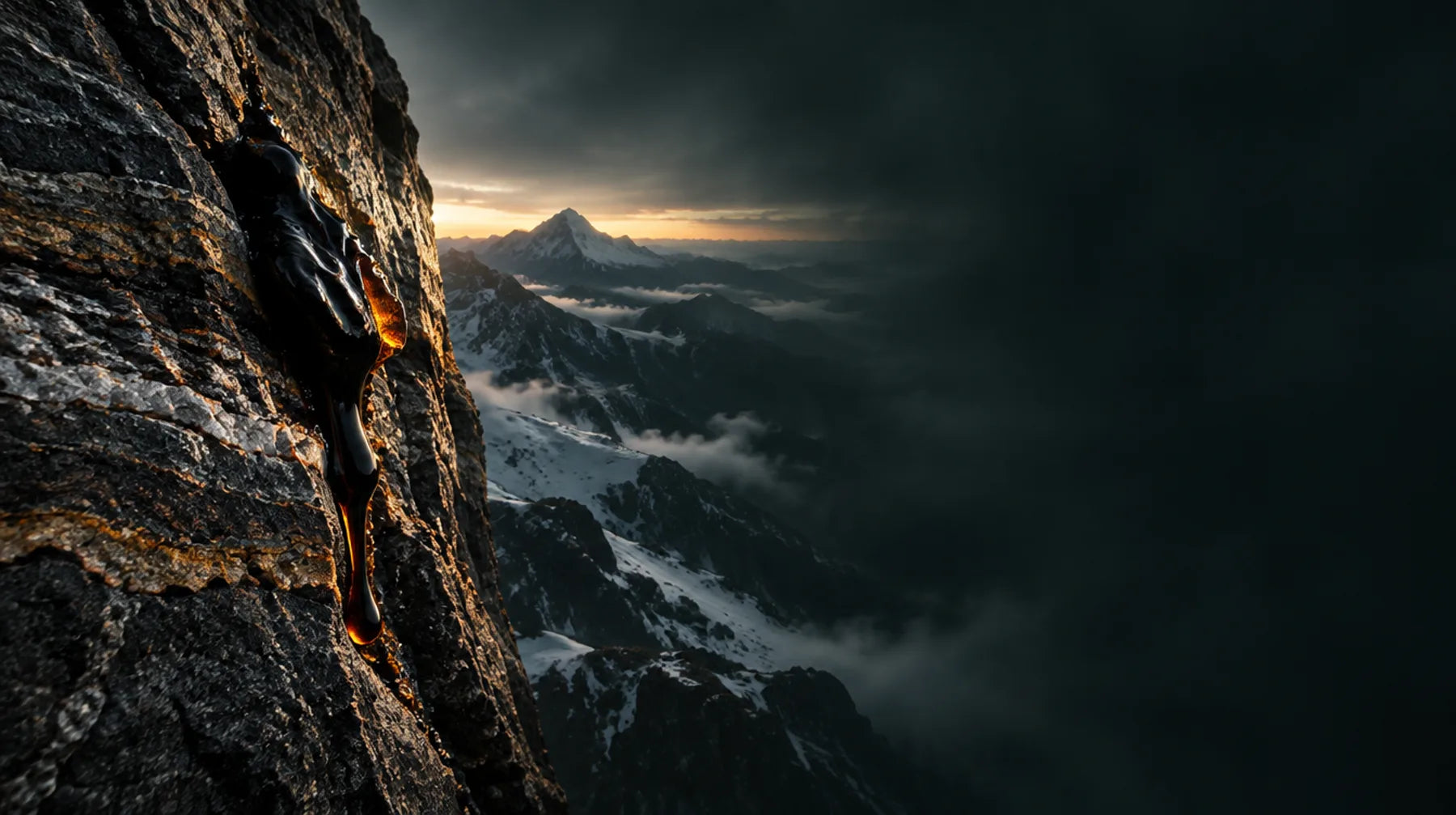Shilajit resin seeping from a high Himalayan rock face at dawn
